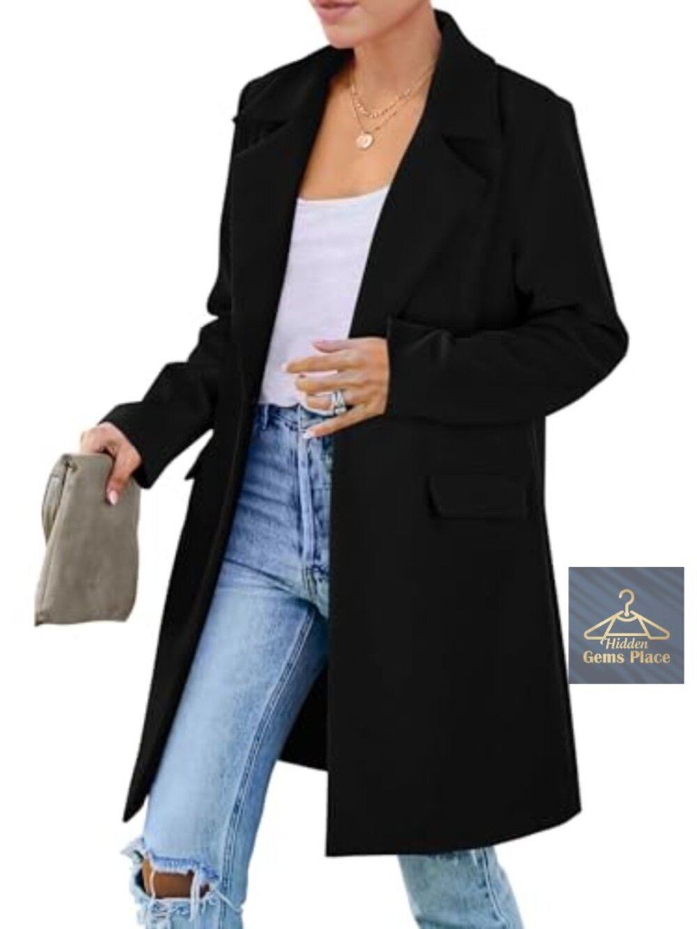 Womens Long Blazer Jacket Notch Lapel Padded Shoulder Flap Pockets Business